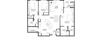 A black and white image of a house floor plan with a living room, two bedrooms, a bath, a laundry area, a kitchen, a dining room, and a patio.