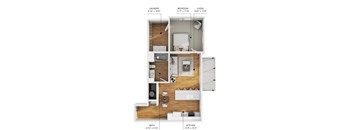 A floor plan of a small apartment with a laundry area, bedroom, living room, and kitchen.
