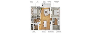 A diagram shows the layout of a two-bedroom apartment with dimensions for each room.