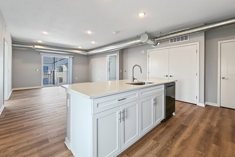 A kitchen with a white countertop and cabinets.