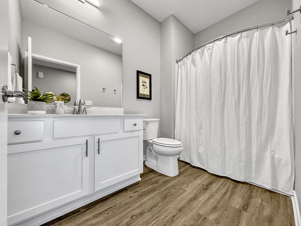 a bathroom with a shower curtain and a toilet at Rialto Townhomes Apartments, Waukee, IA, 50263