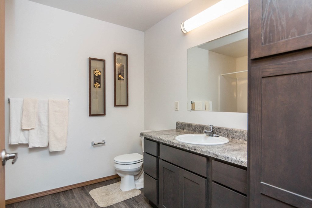 a bathroom with a toilet and a sink and a mirror at Penbrooke Place Apartments, Sioux Falls, 57106