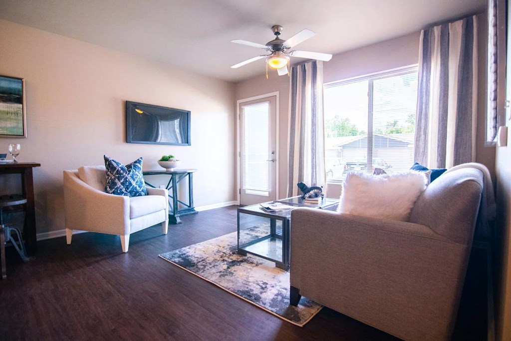A living room with a couch, chair, and a rug.