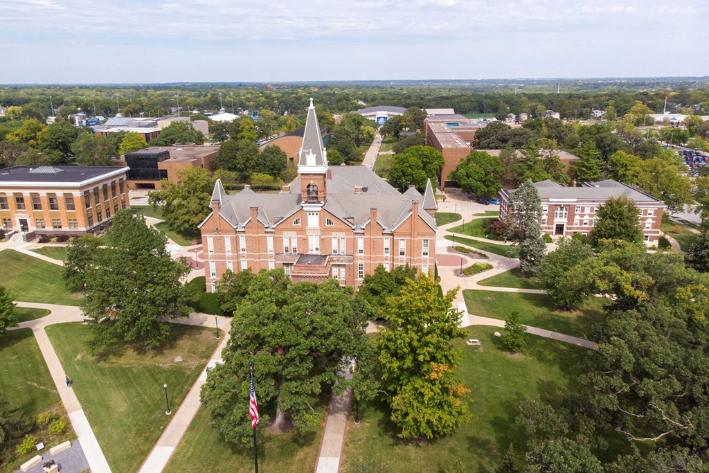 an aerial view of a building on the campus at Canary Lofts, Des Moines, IA