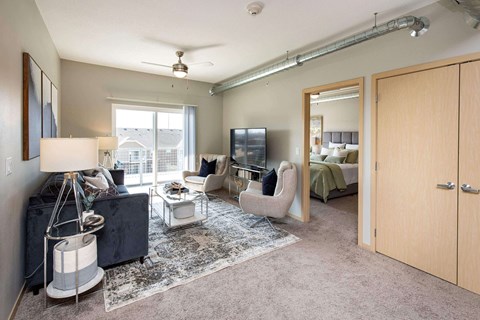 A living room with a black couch and a grey rug.