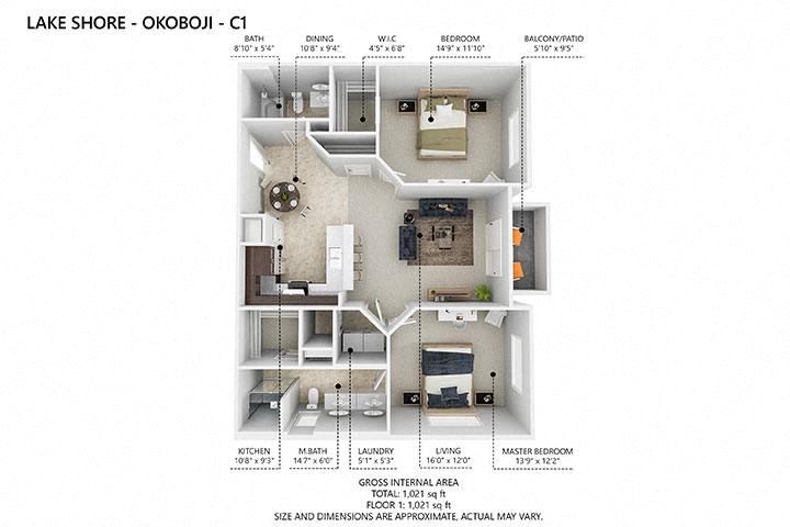 C1 Floor Plan at Lake Shore Apartments, Iowa, 50021