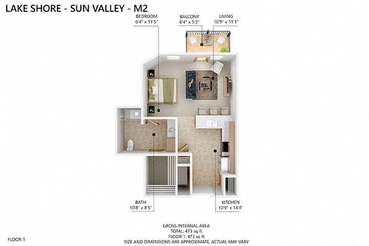 M2 Floor Plan at Lake Shore Apartments, Iowa