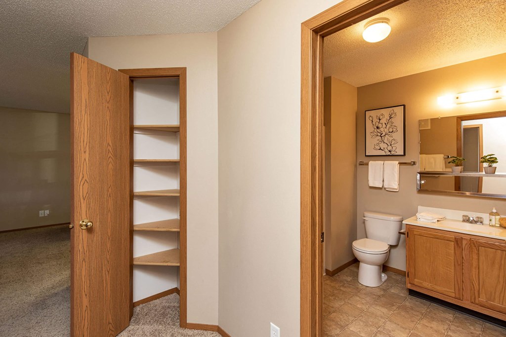 A bathroom with a toilet, sink, and mirror at Lake Shore Park, Ankeny, IA