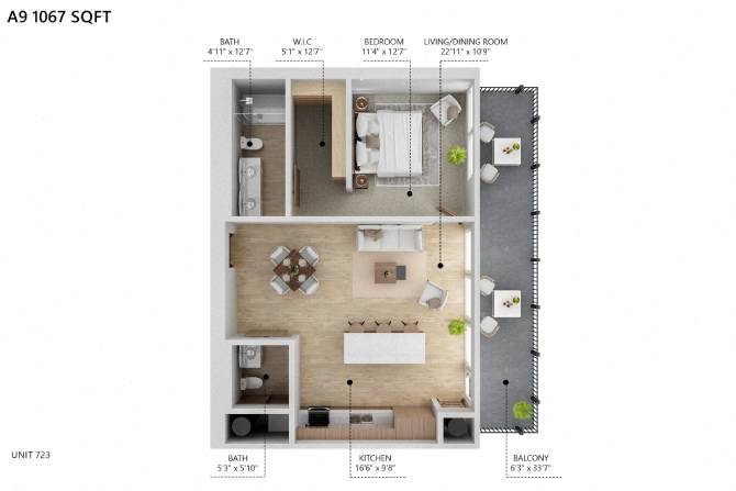 A9 Floor Plan at City Square Lofts, Iowa, 50309