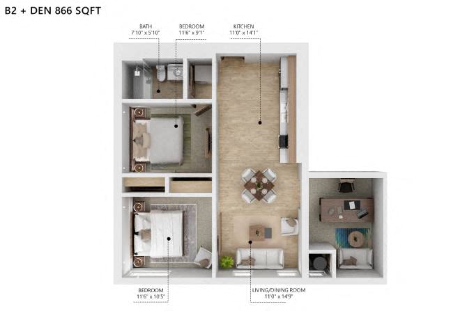 B2 Den Floor Plan at City Square Lofts, Des Moines Iowa  