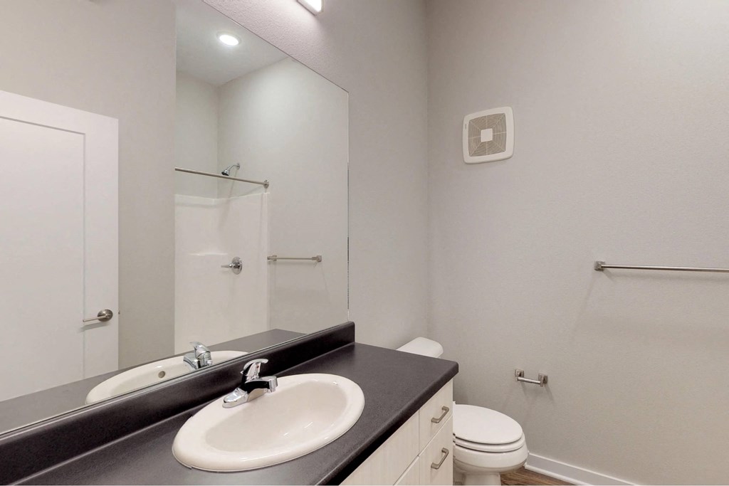 a bathroom with a sink and a mirror and a toilet at Vue Apartments, Des Moines, IA