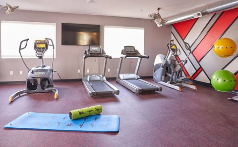 a gym with exercise equipment and weights on the floor at Vue Apartments, Des Moines, Iowa