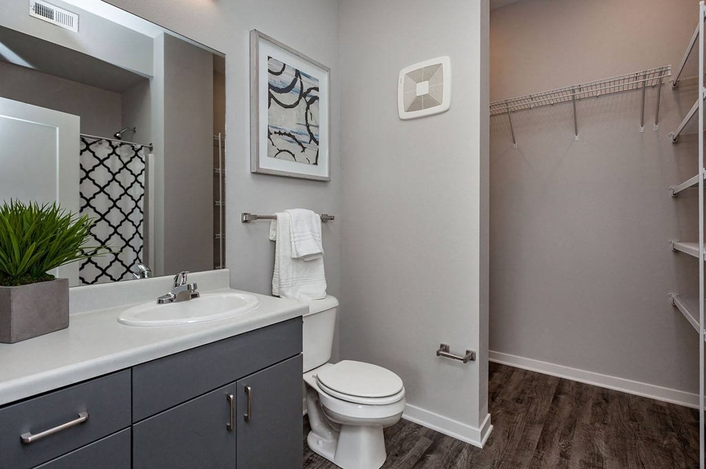 A bathroom with a toilet, sink, and a mirror at Vue Apartments, Des Moines, Iowa