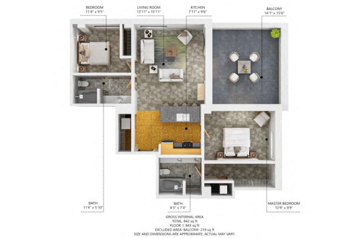 C1 2Bed 2Bath-A at The Des Moines Building Apartments, Des Moines, Iowa