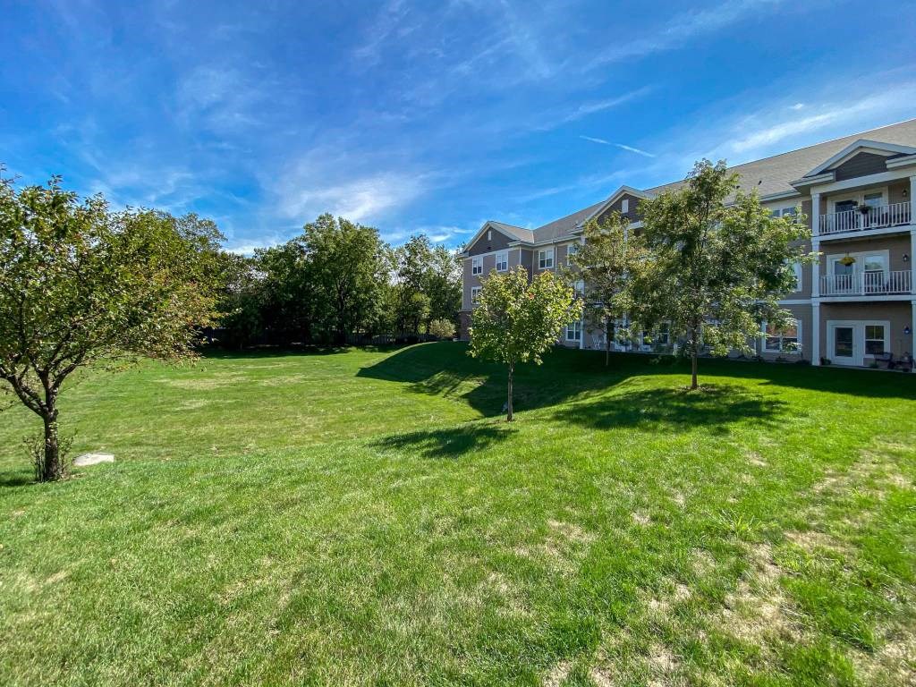 A large grassy area with trees and apartment buildings in the background.at Cornerstone Commons, Johnston, IA 50131  