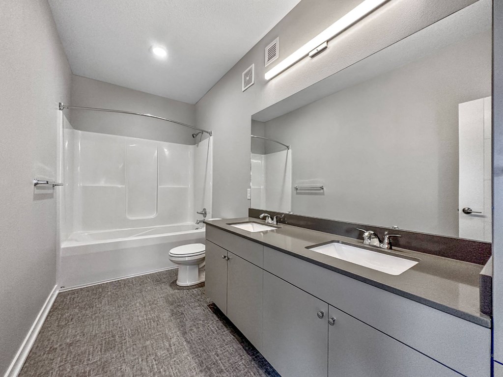 A bathroom with a toilet, sink, and shower.at Level, Des Moines, 50309  
