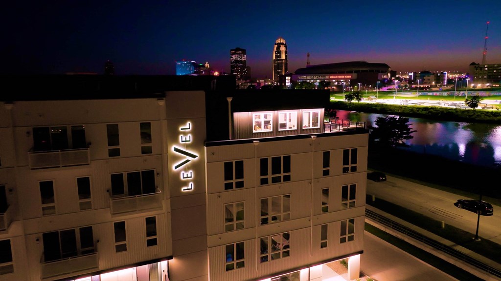 Building Exterior In Night at Level, Des Moines Iowa   