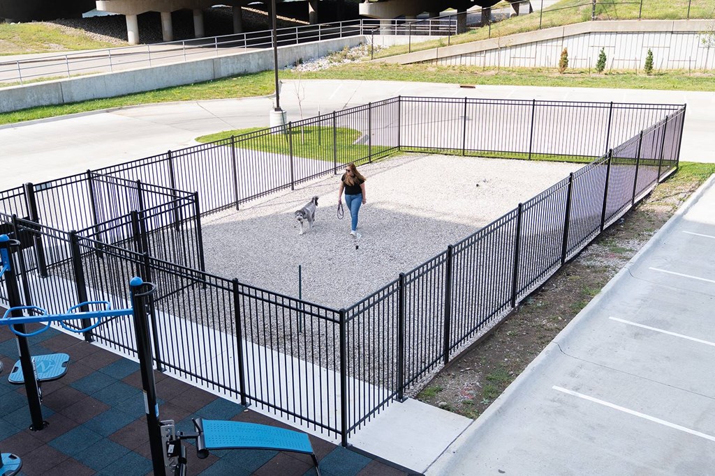 A woman walking a dog in a fenced area.at Level, Des Moines  