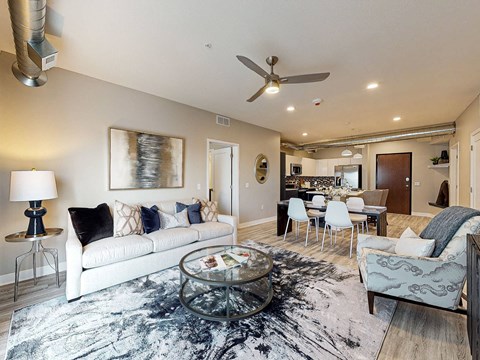 A modern living room with a white couch and a black and white rug.