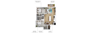 A diagram of a small apartment with a living room, kitchen, and two bedrooms.