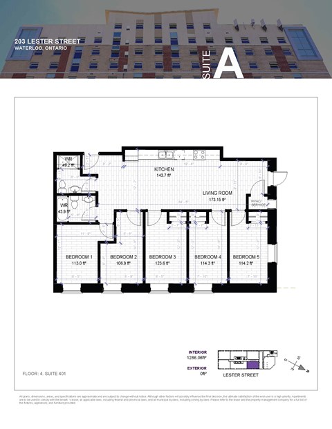 A floor plan for a suite at 203 Lester Street in Waterloo, Ontario.