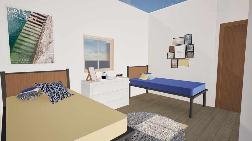 A bedroom with a bed, nightstand, and a bench.
