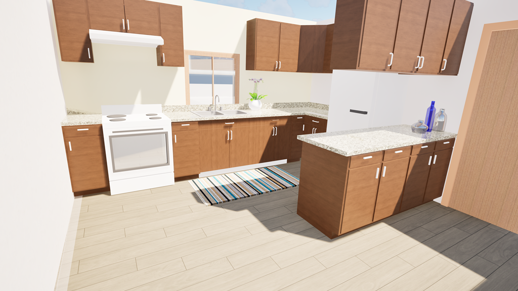 A kitchen with brown cabinets and a white fridge.