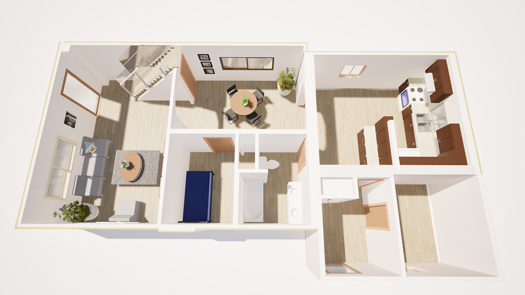 A 3D floor plan of a house with a kitchen, living room, and bedrooms.