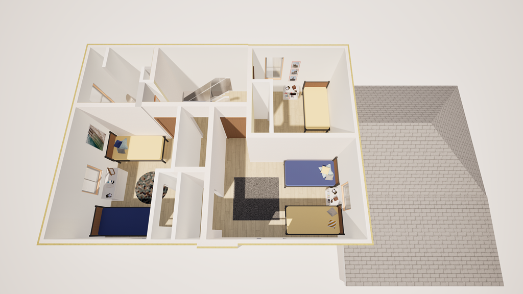 A 3D floor plan of a house with a kitchen, living room, and two bedrooms.