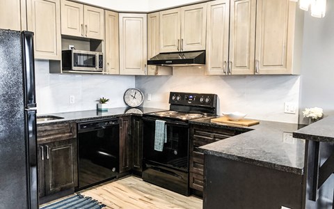 A kitchen with black appliances and wooden cabinets.