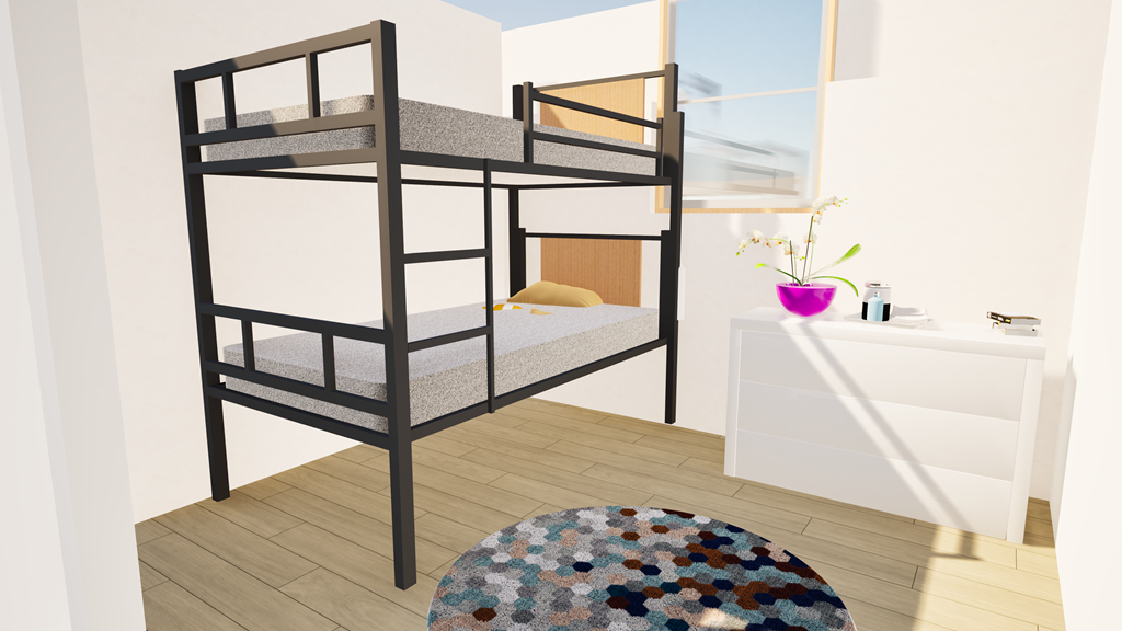 A black bunk bed with a white dresser and a round rug in front of it.