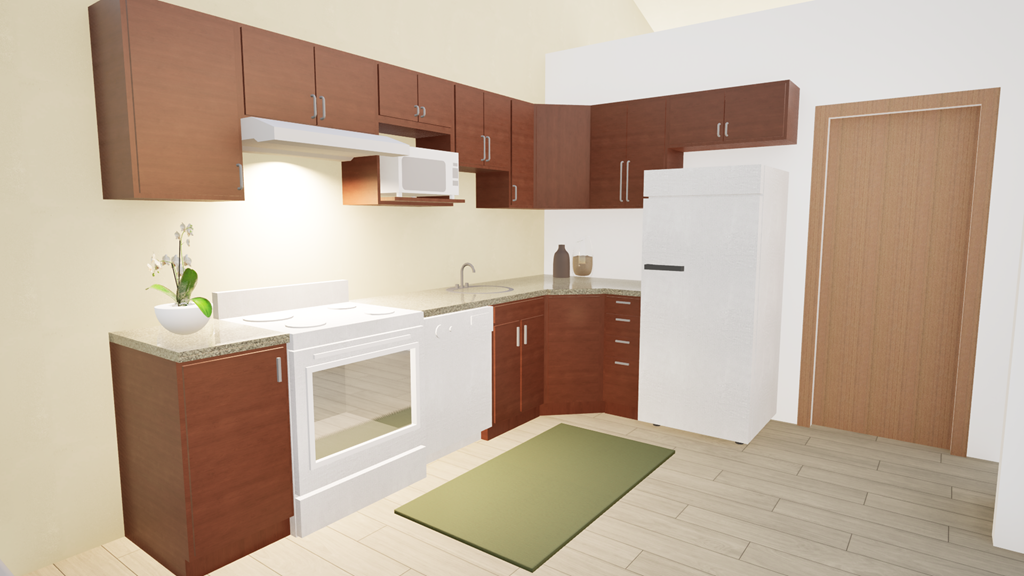 A kitchen with brown cabinets and a white fridge.