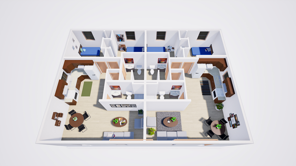 A 3D floor plan of a house with various rooms and furniture.