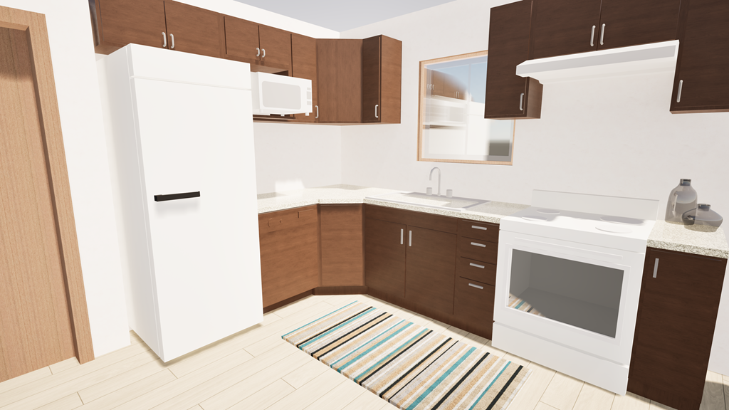 A kitchen with white appliances and brown cabinets.
