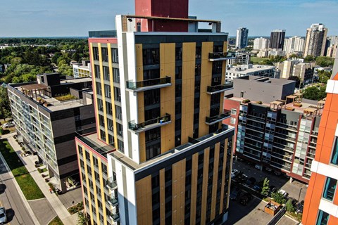 Modern high rise apartment building exterior aerial view at 246 Albert Inc. Apartments, Waterloo