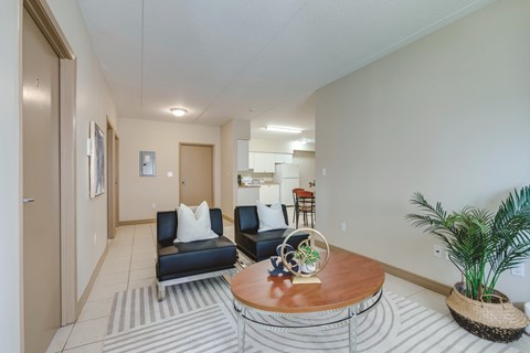 A living room with a couch, a coffee table, and a plant.
