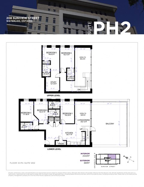 A floor plan for a suite at 208 Sunview Street in Waterloo, Ontario.