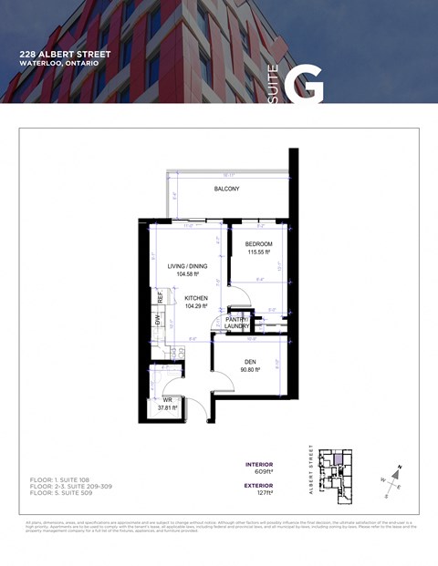 A floor plan for a suite at 228 Albert Street in Waterloo, Ontario.