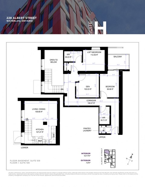 A detailed architectural floor plan for a condo suite at 22B Albert Street, Waterloo, Ontario.