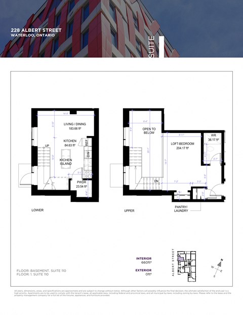 Floor plan for a condo at 228 Albert Street in Waterloo, Ontario.