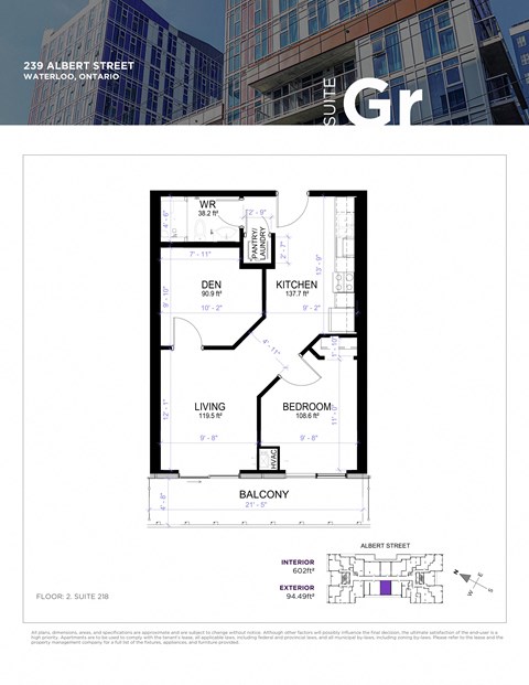 A floor plan for a suite at 239 Albert Street in Waterloo, Ontario.