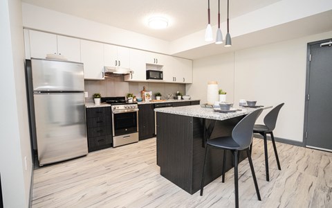 a kitchen with stainless steel appliances and a island with chairs