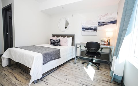 a bedroom with a bed and a desk and a chair