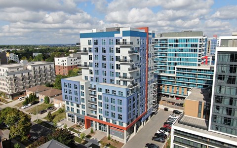 an aerial view of a large building in a city