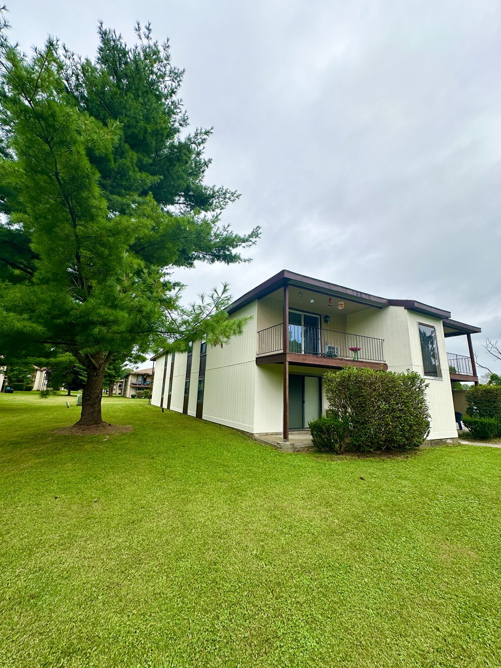 a white building with a yard and a tree