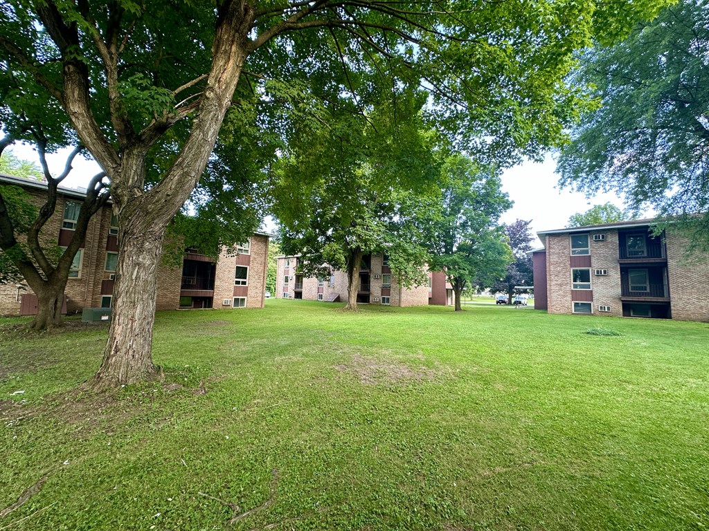 a green lawn in front of a brick building