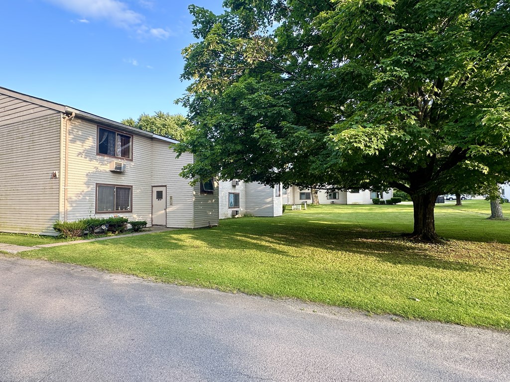 a white house with a tree in front of it