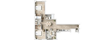 A floor plan of a house with a living room, dining room, kitchen, and two bedrooms.
