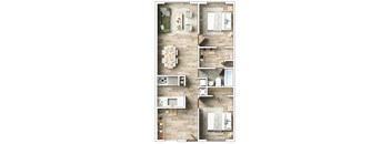 A top-down view of a small apartment layout with a kitchen, living room, and bathroom.