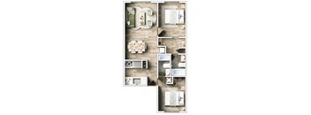 A top-down view of a room with a dining table, couch, and a kitchen area.